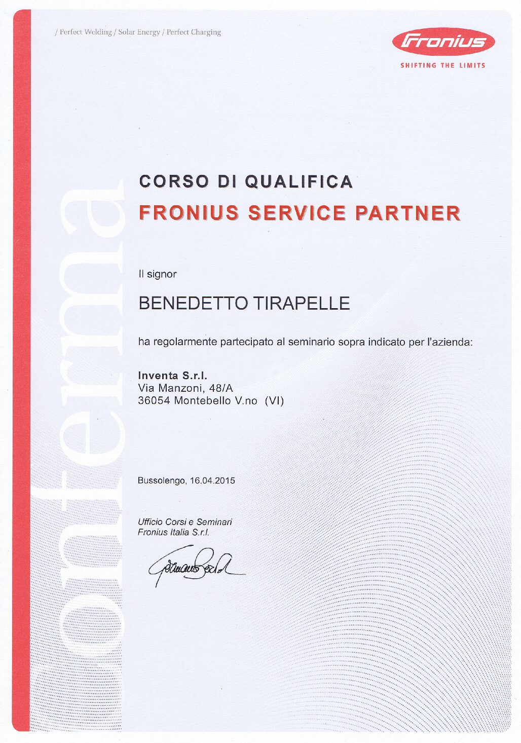 Attestato del corso Fronius conseguito nel 2015