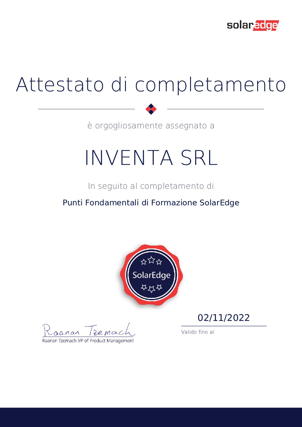 Attestato di installatore certificato SolarEdge, 2020