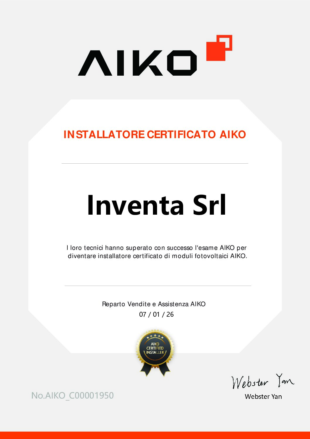 Certificazione Aiko di installatore autorizzato