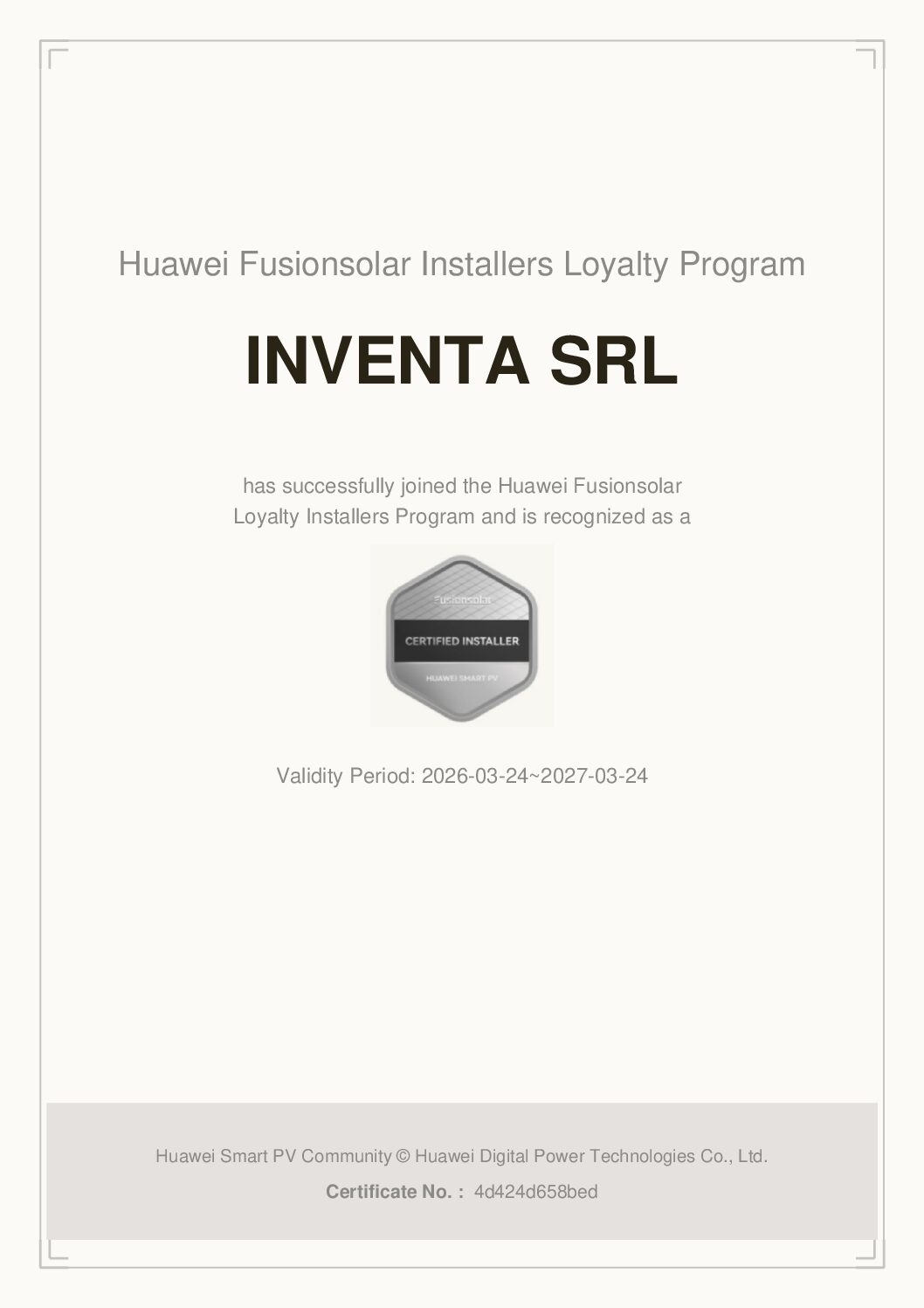 Certificazione Huawei rilasciata a Inventa