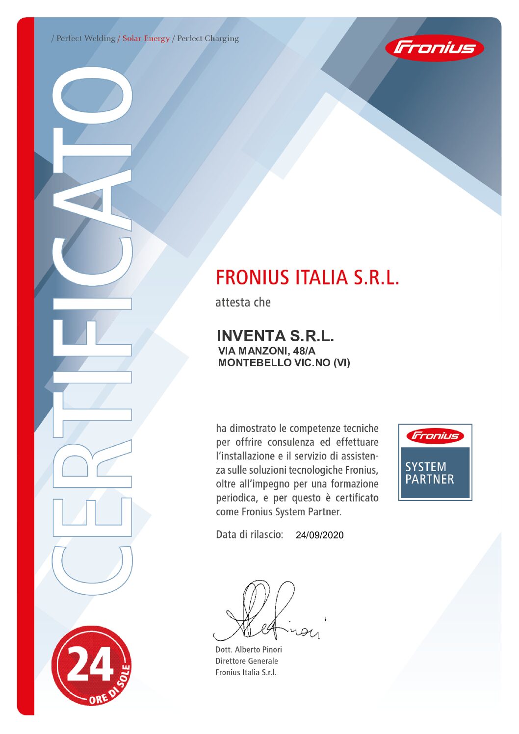 Certificazione SolarEdge FSP rilasciata a Inventa S.r.l. nel 2020