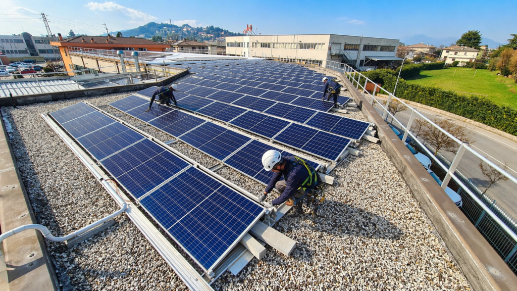 Installazione di moduli fotovoltaici su copertura industriale da parte di Inventa Rinnovabili