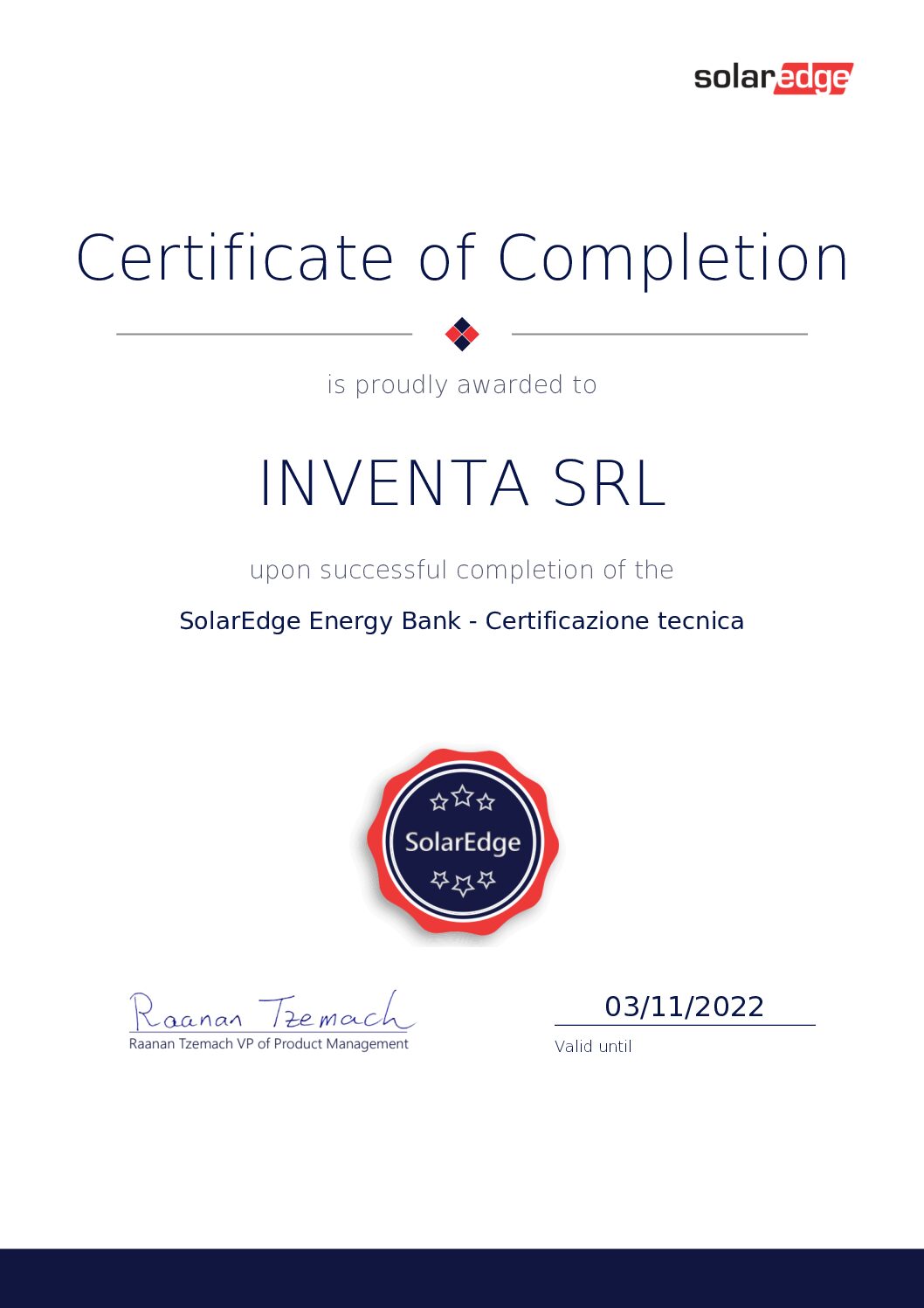 Certificazione SolarEdge rilasciata a Inventa