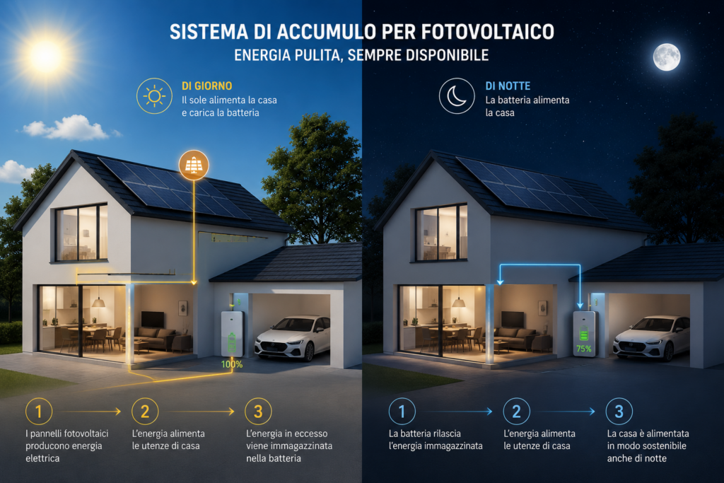 Schema di funzionamento di un sistema di accumulo fotovoltaico, di giorno e di notte